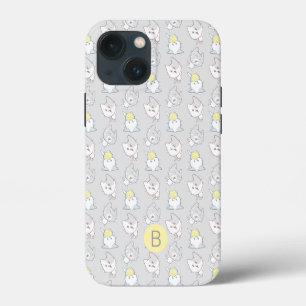Süßes Kawaii-Katzenmuster Grau Gelbes Monogramm iPhone 13 Mini Hülle