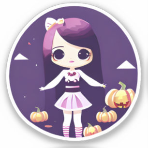 Süßes Kawaii-Mädchen mit Kürbissen Halloween Aufkleber