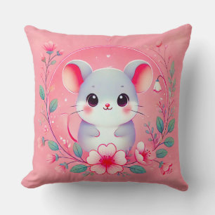 Süßes Kawaii-Mäuse umgeben von floralen Ornamenten Kissen