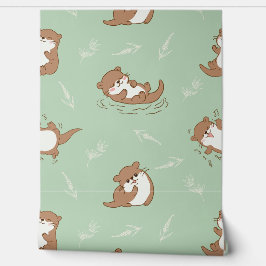 Süßes Kawaii-Otter-Nahtloses Muster auf Salbeigrün Tapete