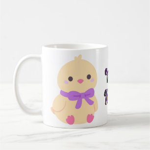 Süßes Kawaii sitzendes Baby-Küken mit lila Schleif Kaffeetasse