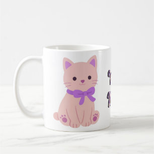 Süßes Kawaii Sitzendes Rosa Kätzchen Lila Schleife Kaffeetasse