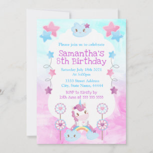 Süßes Kawaii Träumerisches Einhorn Regenbogen Wolk Einladung