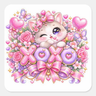 Süßes Kawaii XOXO Katze Pastell Rosa Romantische L Quadratischer Aufkleber