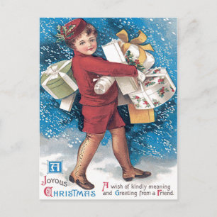 Süßes Kind trägt Geschenke Stechpalme Schnee Postkarte
