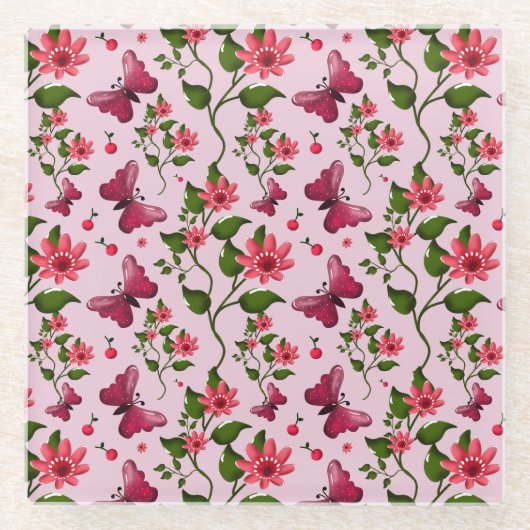 Süßes Kirsch-Schmetterlingsmuster, Glänzende Kawai Glasuntersetzer (Vorderseite)