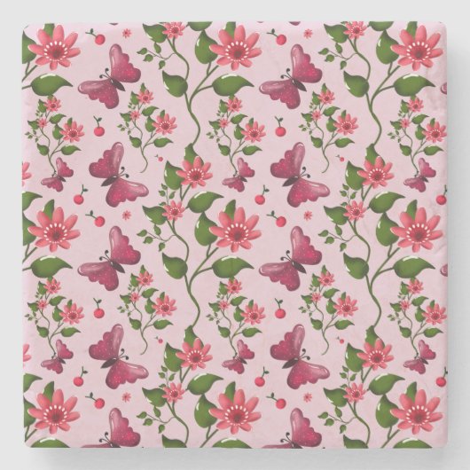 Süßes Kirsch-Schmetterlingsmuster, Glänzende Kawai Steinuntersetzer (Vorderseite)