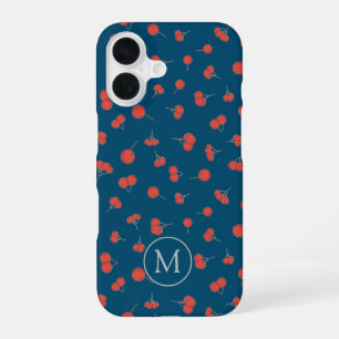 Süßes Kirschenmuster auf dunkelblauem Monogramm iPhone 16 Hülle