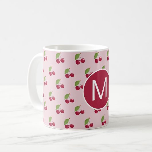 Süßes Kirschenmuster personalisiertes Monogramm Kaffeetasse (Vorderseite Links)