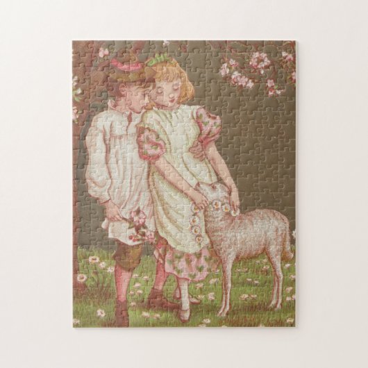 Süßes kitschiges Vintage-Valentin, Kinder mit Lamm Puzzle (Vertikal)