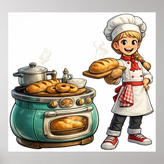 Süßes kleines Bäckermädchen mit frischer Brodkunst Poster (Vorne)