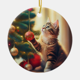 Süßes kleines Kätzchen spielt mit Weihnachtszwiebe Keramik Ornament