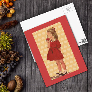 Süßes kleines Mädchen mit Apfel-Postkarte Postkarte