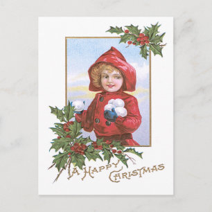 Süßes kleines Mädchen Schneebälle Stechpalme Postkarte
