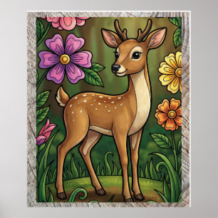 Süßes kleines Rehkitz in einem Garten voller bunte Poster