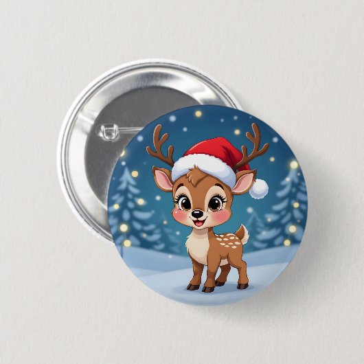 Süßes kleines Rentier mit Weihnachtsmütze Button (Vorne & Hinten)