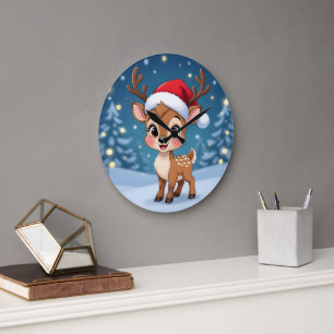 Süßes kleines Rentier mit Weihnachtsmütze Große Wanduhr