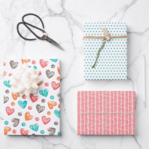 Süßes Korallenrot Pink Türkis Blau Herz Kunst Must Geschenkpapier Set