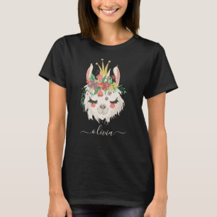 Süßes Lama-Gesicht Florales Personalisiertes Namen T-Shirt