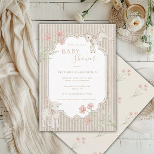 Süßes Lamm Florales Vintage-Baby-Shower Einladung