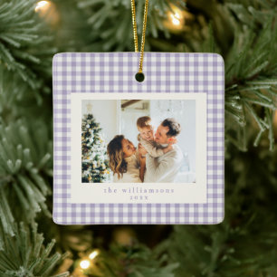 Süßes lila Gingham Karo individuelles Foto Weihnac Keramikornament