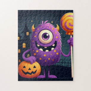 Süßes, lila Monster beim Trick-or-Treat Puzzle