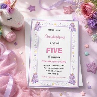 Süßes Lila-Pastell-Zauber-Einhorn 5. Geburtstag Einladung