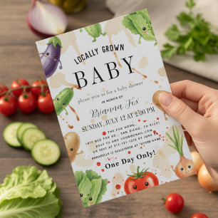 Süßes lokal angebautes Gemüse Baby Shower auf dem  Einladung