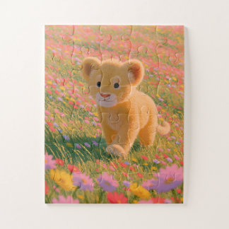 Süßes Löwenjunges beim Spaziergang auf einem Blume Puzzle