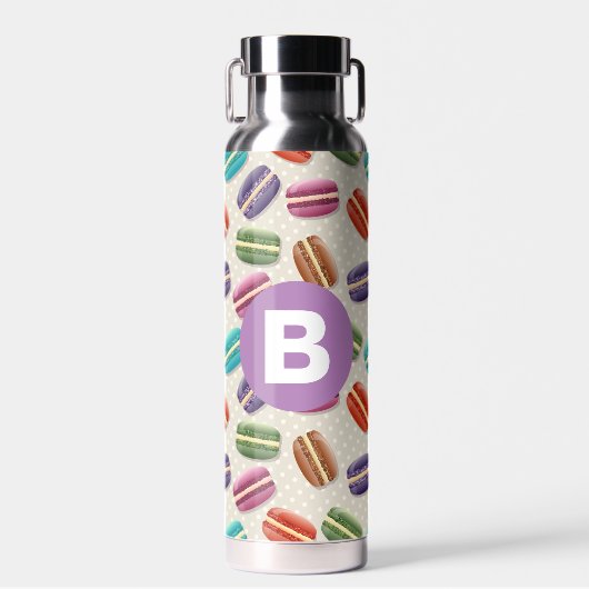 Süßes Macaroon-Muster gepunktetes lila Monogramm Trinkflasche (Vorne)