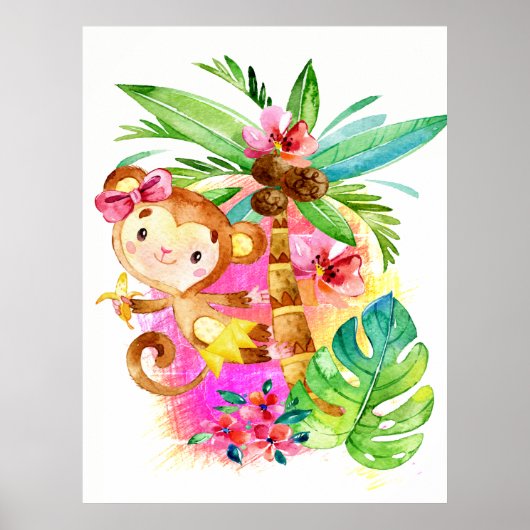 Süßes Mädchen-Affe klettert auf einen Baum Poster (Vorne)