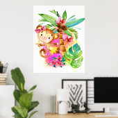 Süßes Mädchen-Affe klettert auf einen Baum Poster (Heimbüro)