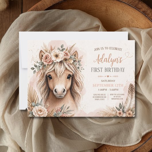 Süßes Mädchen Boho Pferd Erster Geburtstag Einladung