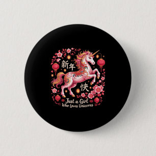Süßes Mädchen, das Einhorn Pferd Lunarjahr liebt Button
