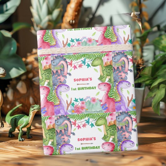 Süßes Mädchen Dinosaurier 1. Geburtstagsfeier Geschenkpapier