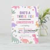 Süßes Mädchen-Dinosaurier 3. Geburtstag Einladung (Stehend Vorderseite)