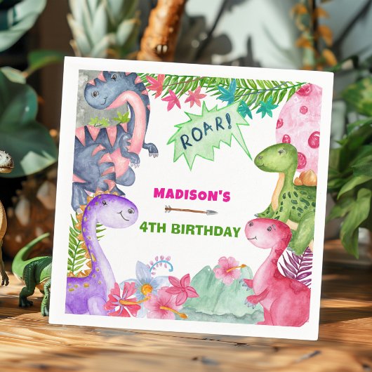 Süßes Mädchen Dinosaurier 4. Geburtstagsfeier Serviette