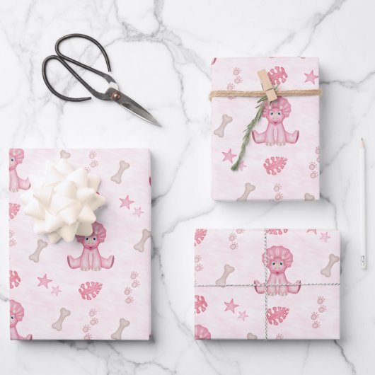 Süßes Mädchen Geburtstag Rosa Dinosaurier Geschenkpapier Set (Vorderseite)