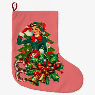 süßes Mädchen grüne Bluse Stechpalme Zuckerstangen Großer Weihnachtsstrumpf