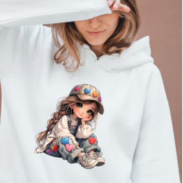 Süßes Mädchen im Outfit mit Herz-Patch Kawaii Art T-Shirt