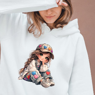 Süßes Mädchen im Outfit mit Herz-Patch Kawaii Art T-Shirt