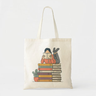 Süßes Mädchen liest auf einem Bücherstapel Tragetasche
