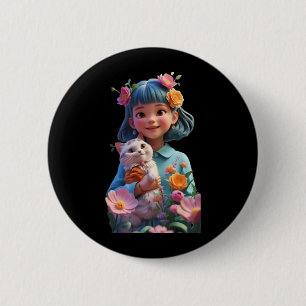 Süßes Mädchen mit Blume Lustiges Unisex-Design für Button