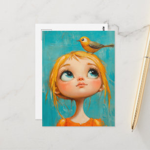 Süßes Mädchen mit einem gelben Vogel auf dem Kopf Postkarte
