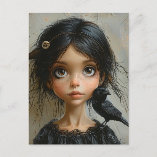 Süßes Mädchen mit einem schwarzen Vogel Postkarte (Vorderseite)