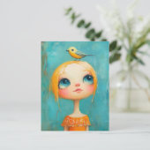 Süßes Mädchen mit einem Vogel auf dem Kopf Postkarte (Stehend Vorderseite)