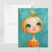 Süßes Mädchen mit einem Vogel auf dem Kopf Postkarte (Vorne/Hinten)