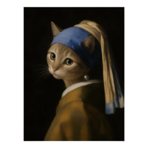 Süßes Mädchen mit einer Perlenohrring-Katzenkunst Poster