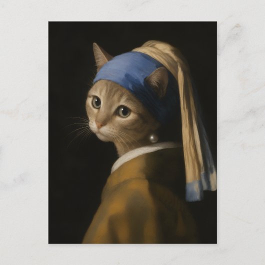Süßes Mädchen mit einer Perlenohrring-Katzenkunst Postkarte (Vorderseite)