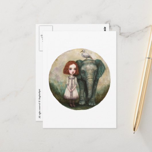 Süßes Mädchen mit Elefant und Vogel Postkarte (Vorderseite/Rückseite Beispiel)